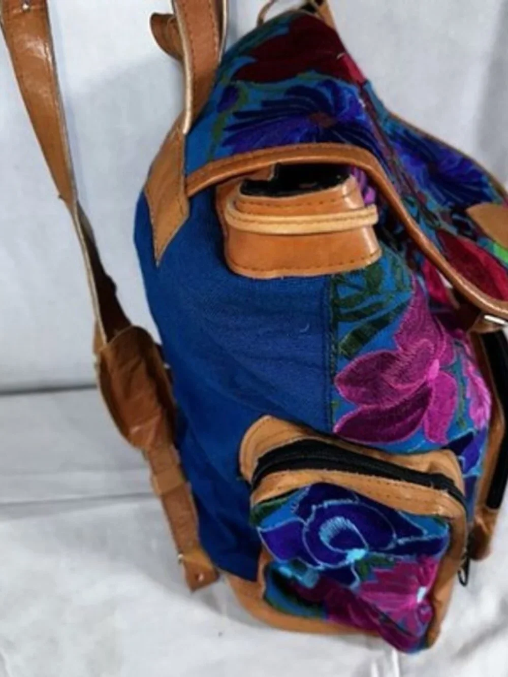 Multicolor Tapestry Embroidered Fabric Tan Leather Trim Drawstring Backpack